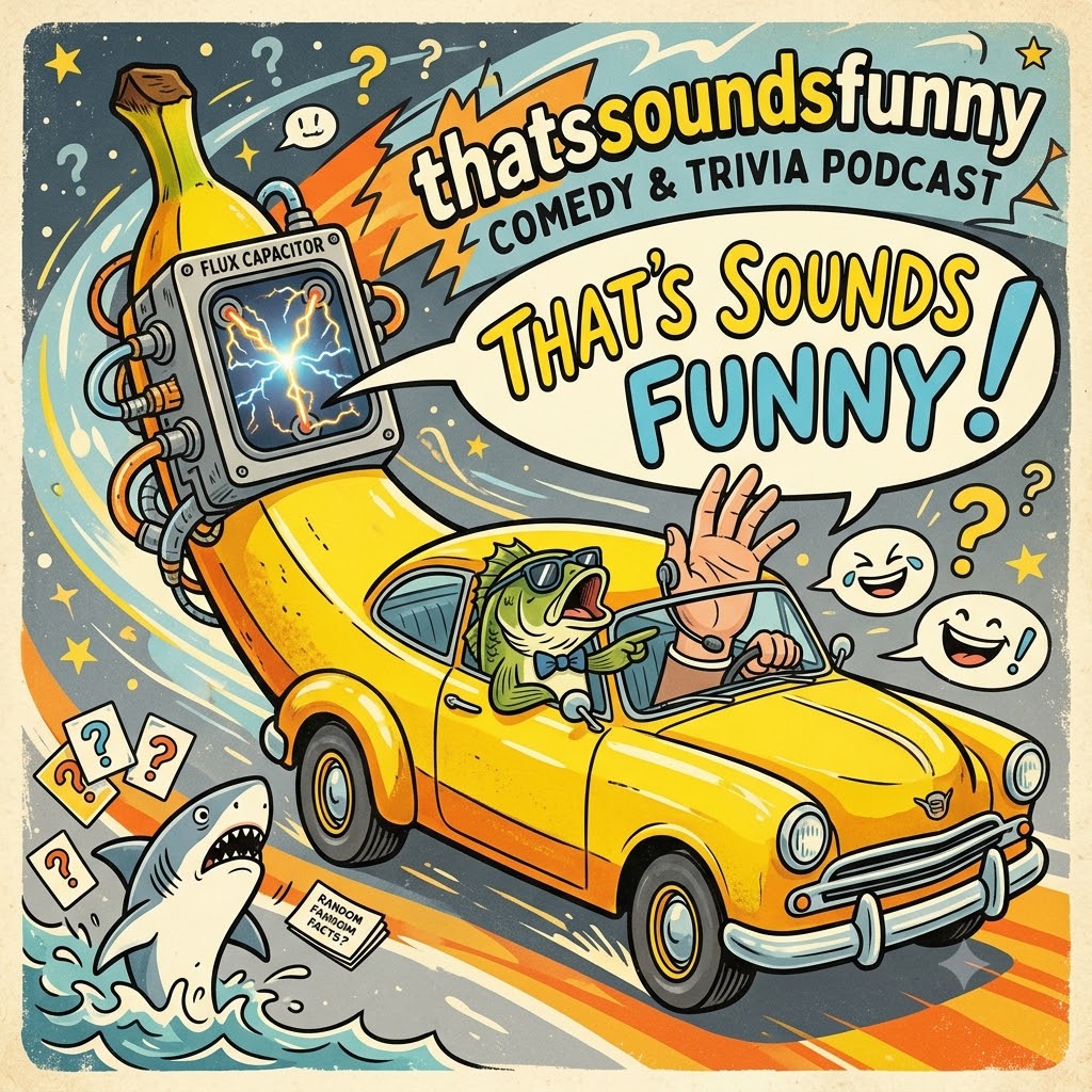 A colorful, cartoon-style illustration promoting a comedy and trivia podcast titled "That's Sounds Funny." It depicts a yellow car driven by a fish wearing sunglasses and a bow tie, with a human hand sticking out the window waving. Attached to the car's rear is a large banana with a "Flux Capacitor" device emitting electrical sparks. A surprised shark emerges from the water holding cards labeled "Random Fandom Facts?" Question marks and laughing speech bubbles surround the scene, conveying humor and curiosity.
