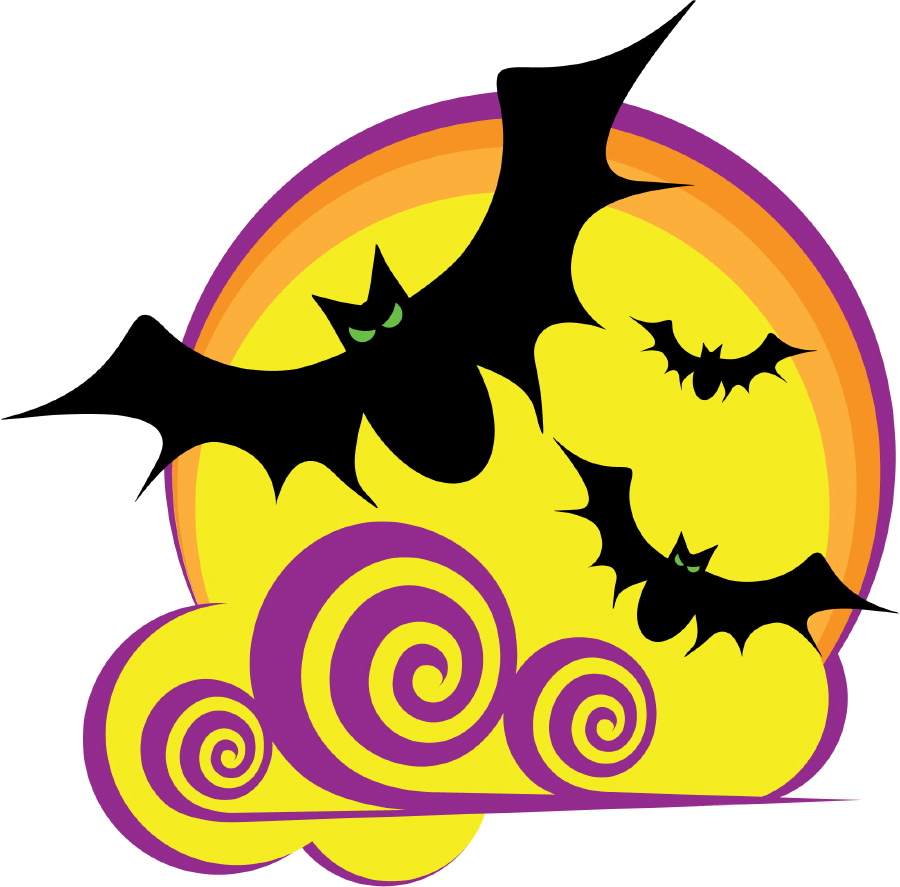 Three black bats flying against a bright yellow moon. The moon is bordered by orange and purple rings, creating a sunset-like effect. Below the bats, there are stylized purple and yellow spiral clouds, adding a whimsical touch to the Halloween-themed design. The bats are depicted with glowing green eyes, adding an eerie element to the image.