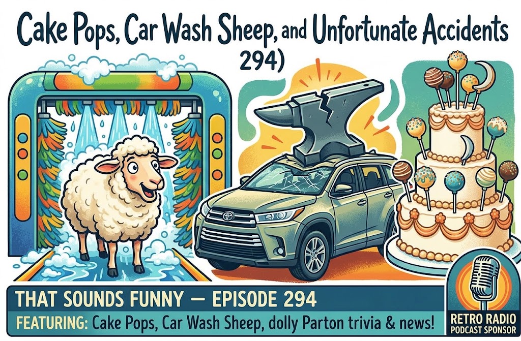Colorful cartoon-style illustration promoting episode 294 of "That Sounds Funny." The episode title is "Cake Pops, Car Wash Sheep, and Unfortunate Accidents." It features a sheep going through a car wash, a green car with a large cracked anvil on the roof, and a three-tiered cake decorated with cake pops styled like lollipops. There is also a vintage-style microphone icon labeled "Retro Radio Podcast Sponsor." The episode teases topics including cake pops, a car wash sheep, Dolly Parton trivia, and news.