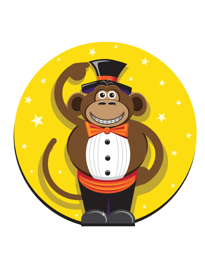 A cartoon monkey dressed in a tuxedo with a white shirt, black pants, and an orange bow tie and cummerbund. The monkey is wearing a black top hat and is smiling broadly, with one hand raised to tip the hat. The background is a yellow circle featuring small stars, giving the scene a playful, circus-like atmosphere.