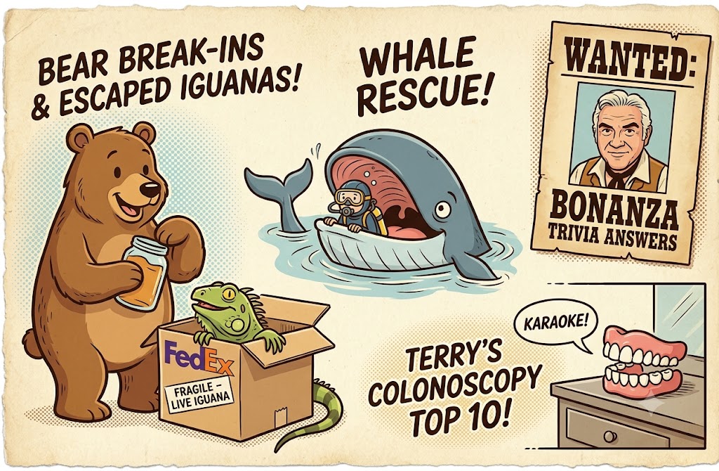 Cartoon-style illustration with several humorous elements. On the left, a bear holds a letter and stands next to a FedEx box labeled "Fragile Live Iguana," with an iguana inside. Text near them reads "Bear break-ins & escaped iguanas!" In the center, a whale is opening its mouth to "rescue" a scuba diver with the text "Whale rescue!" On the right, a wanted poster shows a man’s face with "WANTED: Bonanza Trivia Answers." Below, a talking set of dentures says "Karaoke!" The headline "Terry’s Colonoscopy Top 10!" is also included.