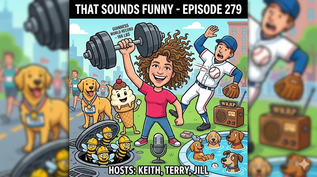 A colorful cartoon-style promotional graphic for a podcast episode titled "That Sounds Funny - Episode 279." It features a woman in a pink shirt holding a barbell labeled "Guinness World Record - 166 lbs" with a big smile. Around her are animated characters: a baseball player, three dogs (two in a pool, one standing with a medal), an ice cream cone with a face, and several bees wearing construction hats emerging from a manhole. A vintage radio labeled "WKRP" and a microphone are also depicted. The hosts' names—Keith, Terry, and Jill—are listed at the bottom. The background shows a park scene with trees and buildings.