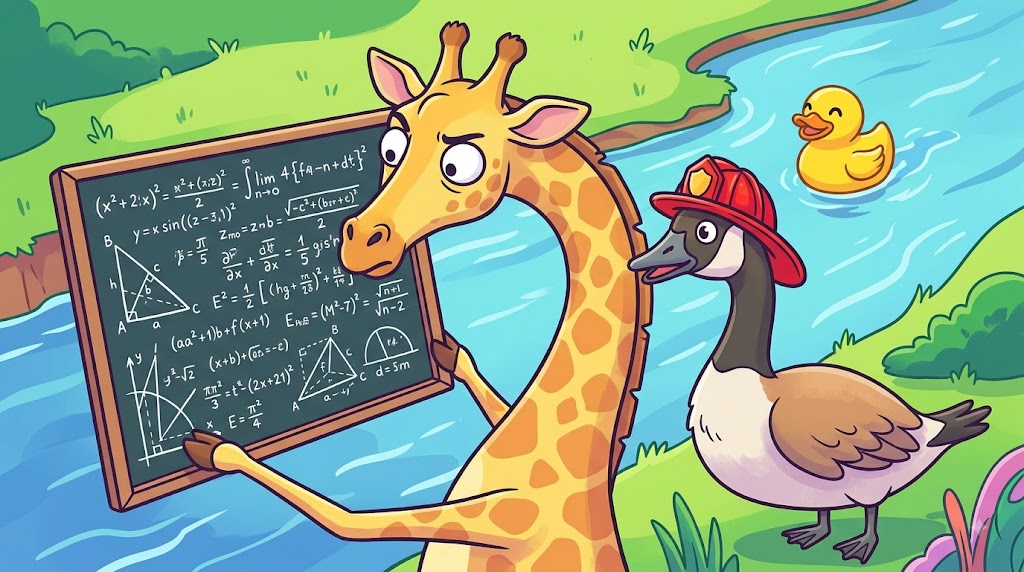 A cartoon giraffe and a goose standing next to a chalkboard filled with mathematical equations and geometric shapes. The giraffe is looking at the chalkboard, while the goose, wearing a red fireman’s hat, points toward the board. A yellow rubber duck floats on a small stream or river in the background, surrounded by green grass and bushes. The scene is bright, colorful, and playful with an educational theme.