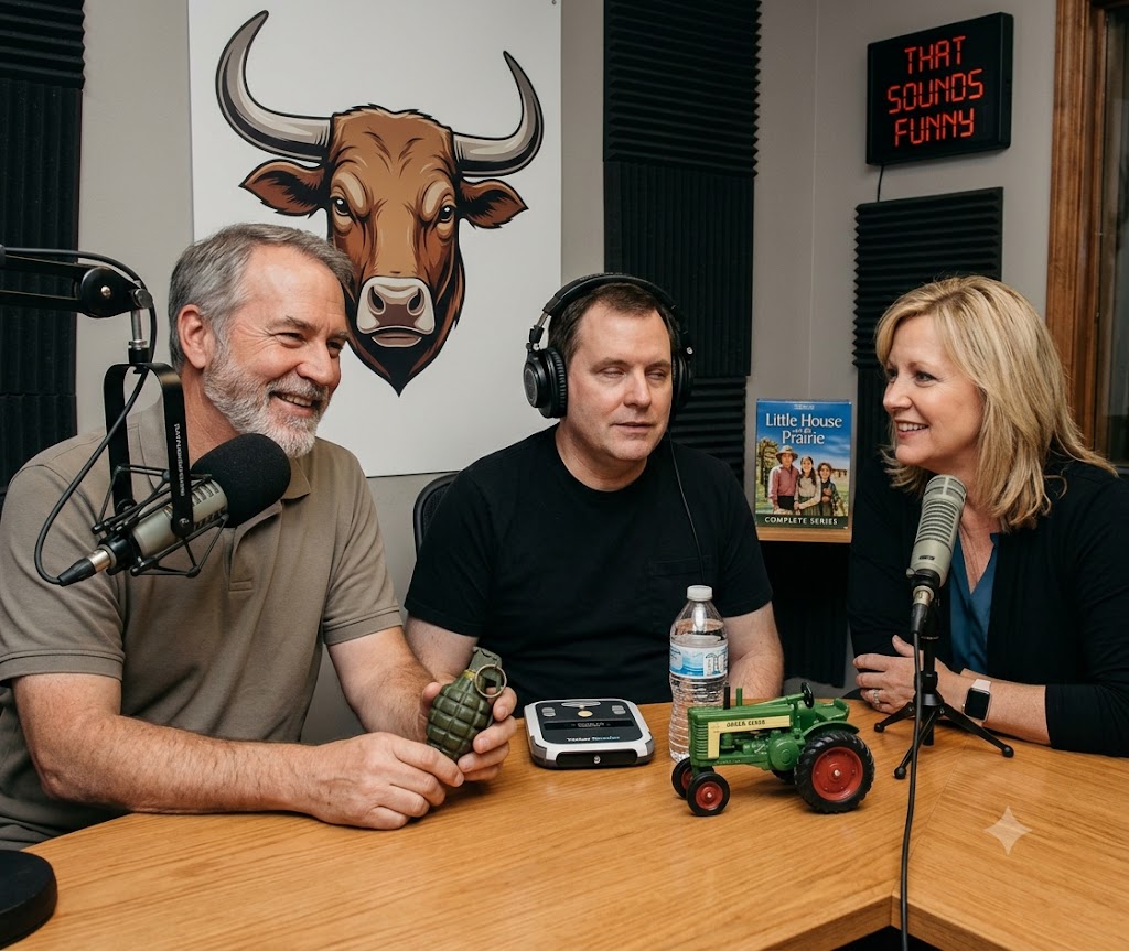 Three people sitting at a podcast or radio recording setup. Two men and one woman are engaged in conversation. The man on the left holds a grenade replica, the man in the middle wears headphones, and the woman on the right has a microphone in front of her. A model tractor and a water bottle are on the table. Behind them is a large bull head illustration and a sign reading "THAT SOUNDS FUNNY." A book titled "Little House on the Prairie" is also visible.