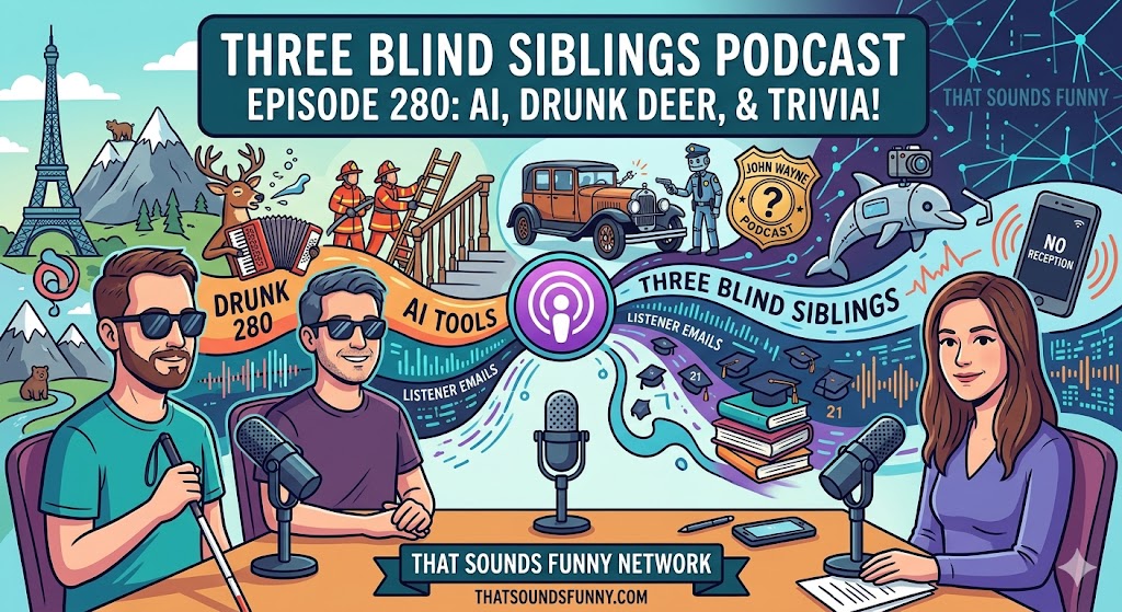 A colorful, humorous cartoon illustration featuring a group of three blind siblings hosting a podcast. In the scene, a perplexed-looking black bear peeks through a window well, while a mischievous French teenager in the background licks a drinking straw at a vending machine. Nearby, a robotic kamikaze dolphin equipped with a camera leaps out of the water, and a majestic, stoic cartoon portrait of John Wayne hangs on the studio wall.