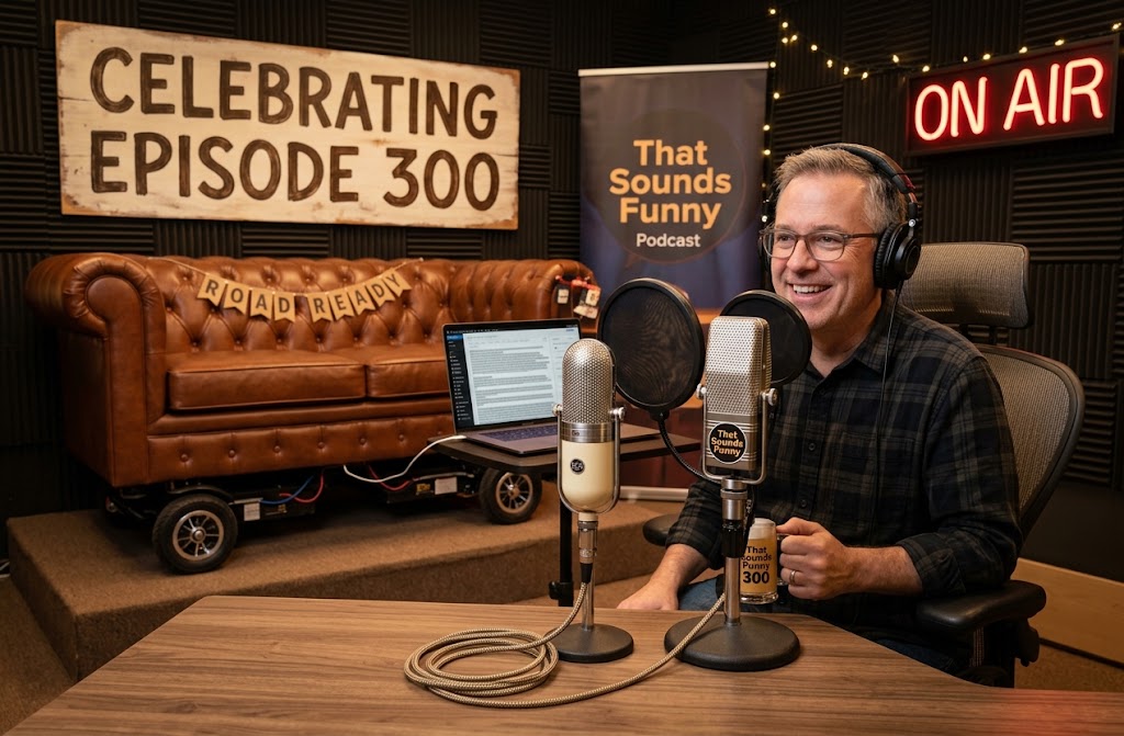 the SI image shows what it believes to be a cheerful, slightly younger Keith’s seated at a podcast recording setup, wearing headphones and speaking into two vintage-style microphones. He is in a studio with soundproof padding on the walls. Behind him is a brown leather couch on wheels with the words "ROAD READY" spelled out in letter tiles. A large sign above the couch reads "CELEBRATING EPISODE 300." There is also a banner saying "That Sounds Funny Podcast" and a red "ON AIR" light illuminated in the background.