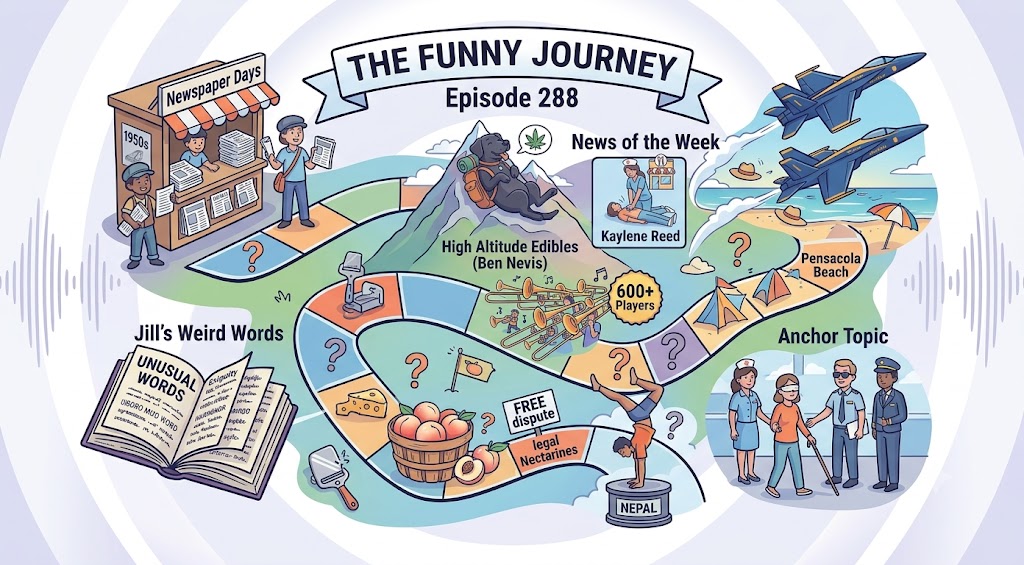 A colorful illustrated map titled "The Funny Journey Episode 288" depicting various topics in a winding path format. It includes sections labeled "Newspaper Days" with a 1950s newsstand, "Jill’s Weird Words" showing an open book of unusual words, "High Altitude Edibles (Ben Nevis)" with a bear eating cannabis, and "News of the Week" featuring Kaylene Reed. Other elements include "Pensacola Beach," "Anchor Topic" showing people with visual impairments, and references to a dispute over legal nectarines, a gymnast labeled Nepal, and 600+ players.