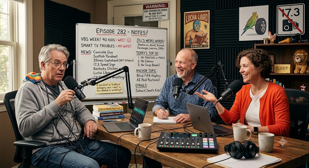 Three comedy podcast hosts— Keith, Terry and Jill —laughing around a studio desk with microphones, laptops, and a sound mixer. In the background, a whiteboard displays notes for "Episode 282," surrounded by humorous Easter eggs from the show notes, including a "Warning: VBS Grandchildren" sign, a "Lucha Libro" poster, and a toy parakeet pecking at a car wheel.