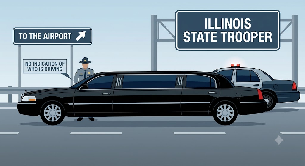 A black limousine stopped on a road with an Illinois State Trooper police car behind it, lights flashing. A state trooper stands beside the limousine. Road signs above include one pointing "TO THE AIRPORT" and another reading "ILLINOIS STATE TROOPER." A smaller sign near the trooper humorously states, "NO INDICATION OF WHO IS DRIVING." The scene suggests a checkpoint or traffic stop near the airport, highlighting anonymity about the limo's driver.