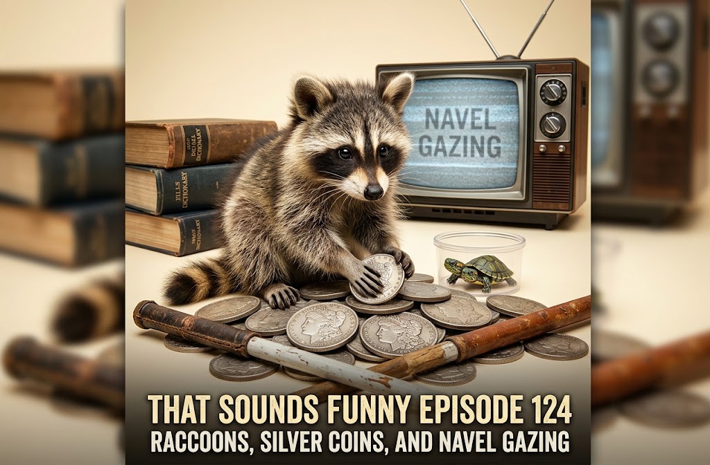 AI generated raccoon sitting at a table with several large coins spread out in front of it. The raccoon is holding a coin in its paws. To its right is a clear container with a small turtle inside. Behind them is an old-fashioned television displaying the words "NAVEL GAZING." To the left of the raccoon are three stacked old books. The scene has a humorous, whimsical feel, combining animals with human-like behavior and vintage objects.