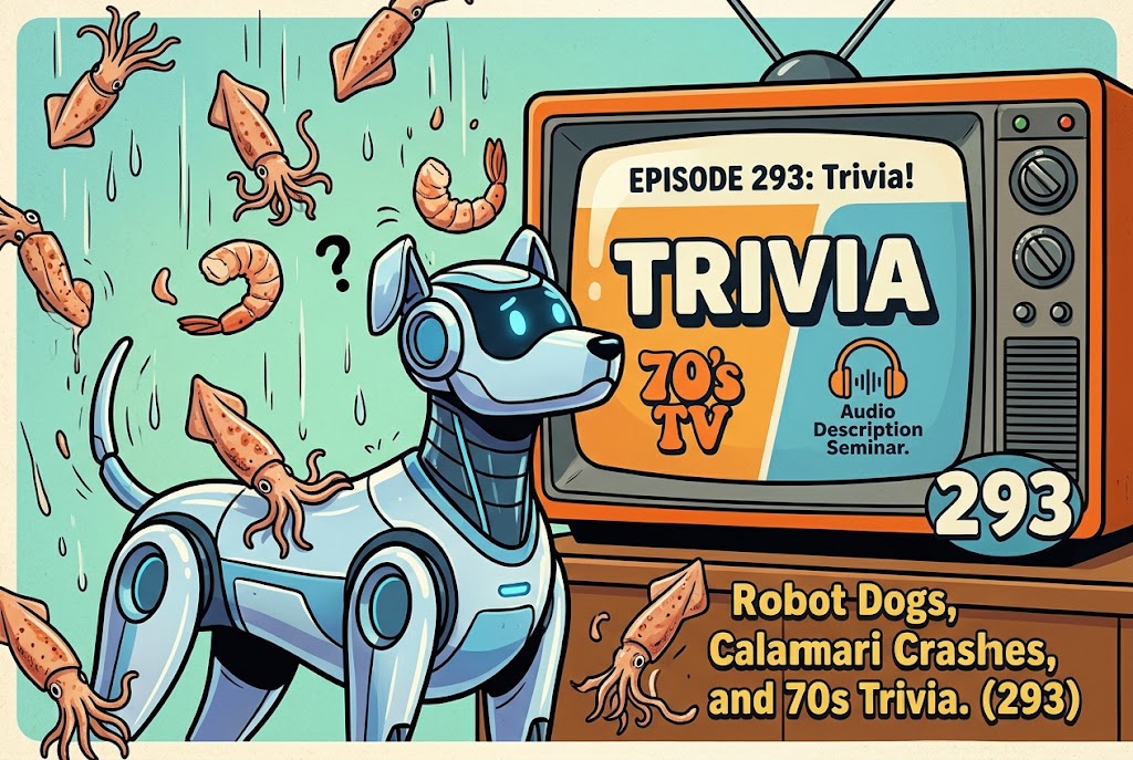 A colorful illustration featuring a robot dog wearing headphones looking confused, surrounded by flying squid and shrimp. To the right is a retro-style TV screen displaying "EPISODE 293: Trivia! 70’s TV Audio Description Seminar." The text below the TV reads, "Robot Dogs, Calamari Crashes, and 70s Trivia. (293)." The scene mixes futuristic and vintage elements with playful, animated sea creatures and a tech theme. The overall tone is quirky and fun.