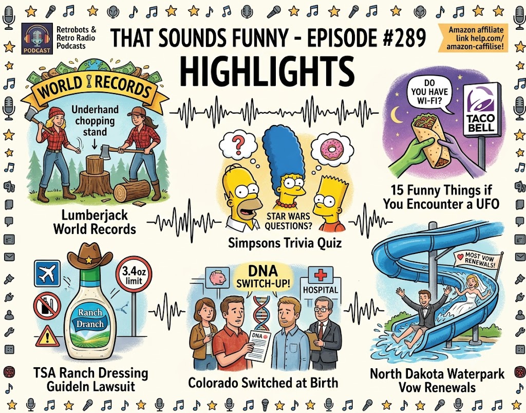 A colorful illustrated highlight reel for episode #289 of "That Sounds Funny." It features various humorous topics: a man carrying 1,000 records, TSA ranch dressing guideline lawsuit, a Simpsons trivia quiz with characters Homer, Marge, and Bart, a DNA switch-up in Colorado hospitals, funny signs about UFOs and Wi-Fi near Taco Bell, and a North Dakota waterpark with an extreme slide called "Ride Your New Balls." The illustration incorporates music notes and sound waves throughout.