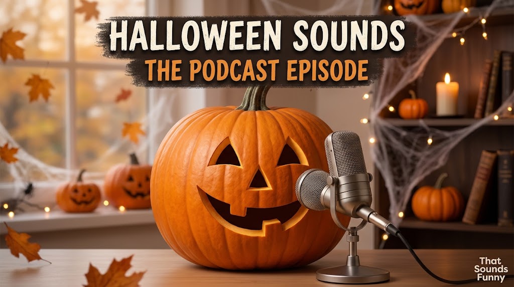 The SI image features a carved Halloween pumpkin with a smiling jack-o'-lantern face placed on a table. Next to it is a silver retro-style microphone. The background shows a cozy, dimly-lit room decorated with small pumpkins, spider webs, candles, and autumn leaves. Text at the top reads "HALLOWEEN SOUNDS THE PODCAST EPISODE" in bold white and orange letters. The bottom right corner includes the logo "That Sounds Funny." The setting suggests a festive Halloween podcast recording environment.