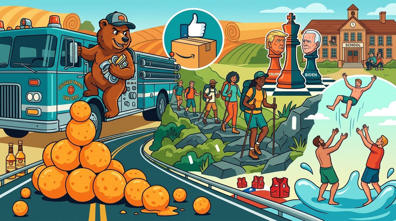 an AI generated colorful, cartoon-style illustration. A bear wearing a hat labeled "Colorado Springs Fire Dept." hangs on a fire truck surrounded by many cheese balls spilling onto a road. Nearby on the road are bottles of alcohol. In the center, diverse people hike on a trail. Above them, a large Amazon package with a thumbs-up symbol floats. On the right, chess pieces labeled "Trump" and "Biden" stand on a giant chessboard near a school building. To the right, three people play and throw a child into the air by a pool.