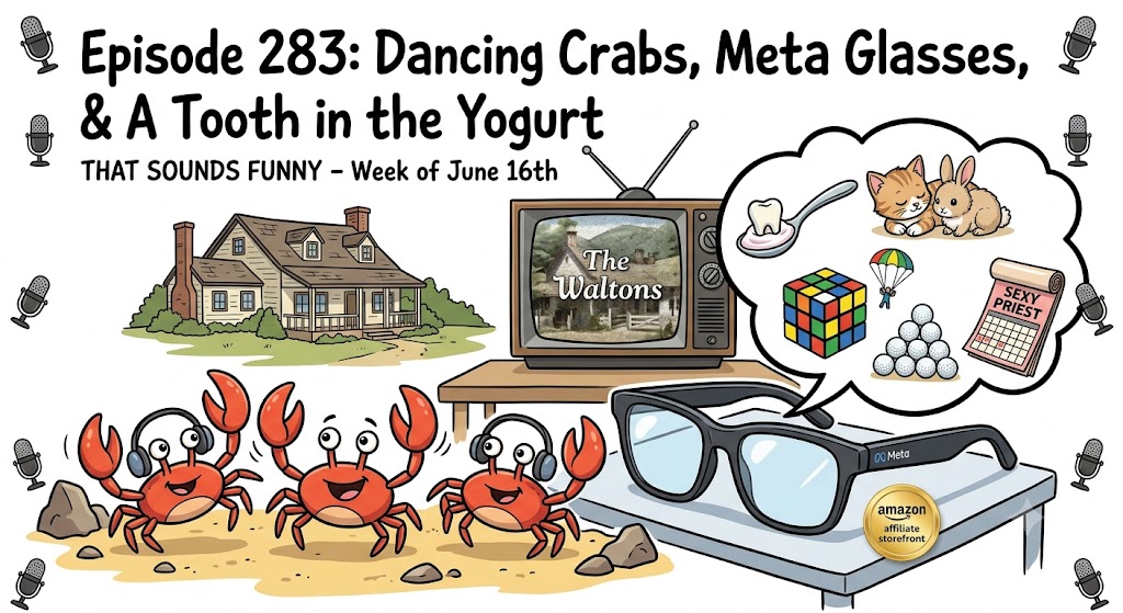 Cartoon banner for podcast Episode 283 titled "Dancing Crabs, Meta Glasses, & A Tooth in the Yogurt." Features three smiling red crabs wearing headphones on a sandy beach, a pair of black Meta smart glasses on a desk, an old-fashioned TV showing "The Waltons," and a thought bubble containing a tooth in a spoonful of yogurt, a cat cuddling a baby rabbit, a Rubik's cube, a skybuilder, a golf ball pyramid, and a "Sexy Priest" calendar.