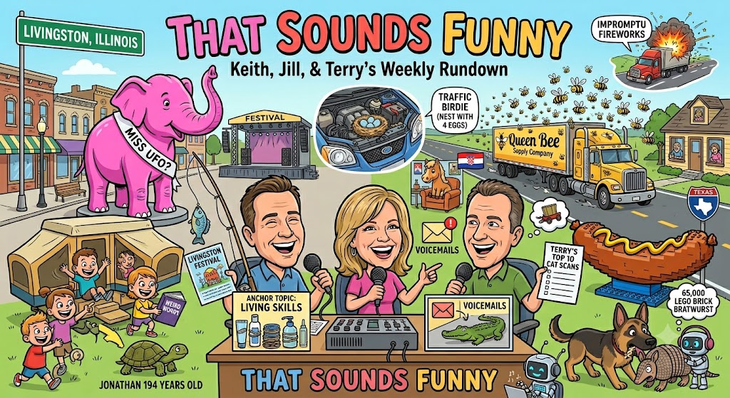 A vibrant, humorous, and slightly chaotic podcast cover art design for an episode titled 'That Sounds Funny'. In the center, a large, cheerful pink elephant statue stands prominently. Swarming around the upper corner of the frame is a massive, comical cloud of cartoonish honeybees escaping from a knocked-over wooden hive box. Below, a microphone sits on a wooden desk next to a retro radio dial. The background is a sunny, open roadside setting in Illinois. The overall style is playful, colorful, and visually engaging, like a modern animated comedy poster."