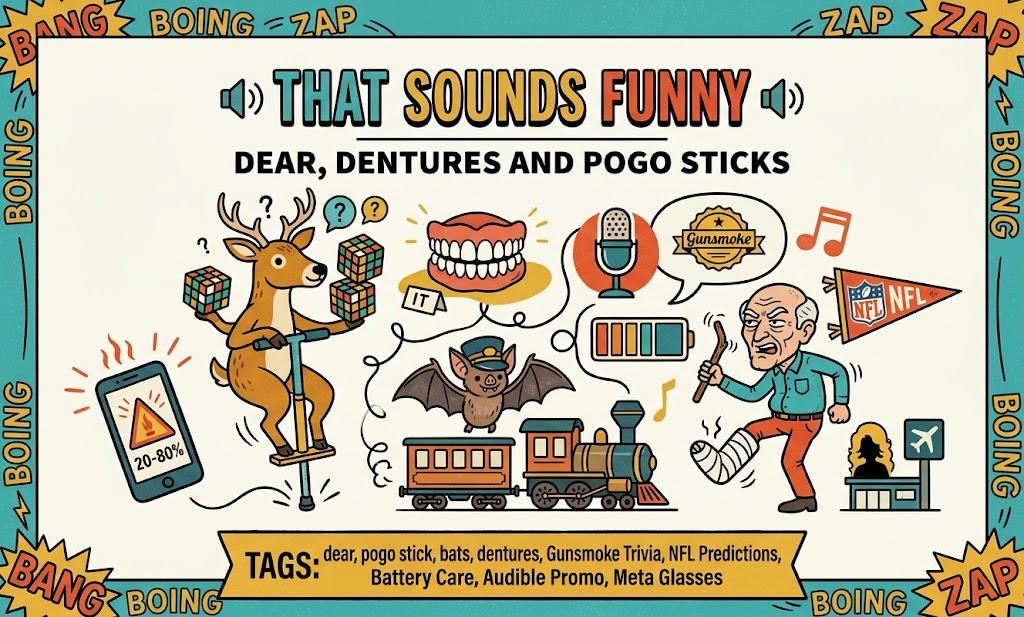 A colorful cartoon titled "That Sounds Funny: Dear, Dentures and Pogo Sticks." It features a confused deer on a pogo stick juggling Rubik's cubes, a set of dentures labeled "IT," a bat, a microphone with a speech bubble saying "Gunsmoke," a train, a battery icon, and an elderly man with a broken leg holding a cane, standing next to an NFL flag and a building with an airplane sign. Tags include deer, pogo stick, bats, dentures, Gunsmoke Trivia, NFL Predictions, Battery Care, Audible Promo, and Meta Glasses. The border has comic sound effects like "Bang," "Boing," and "Zap."